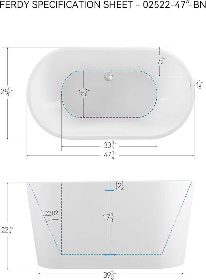 FerdY Shangri-La 47" Acrylic Freestanding Bathtub, Small Classic Oval Shape - Image 4