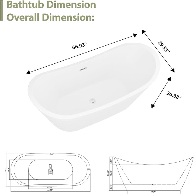67 Inch Acrylic Freestanding Soaking Bathtub - Image 6