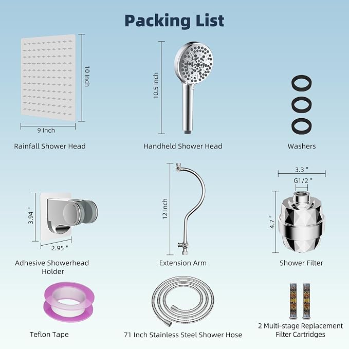 Hibbent All Metal 10'' Dual Filtered Rainfall Shower Head Combo, High Pressure - Image 8