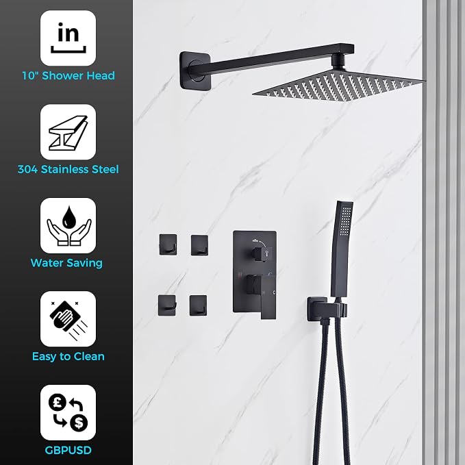 10" Matte Black Rainfall Shower Faucet Set - Image 3