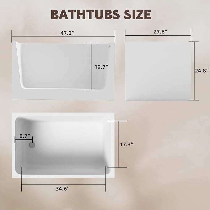 43 Square Inch Acrylic Independent Bathtub, Capacity 50 Gallons, Can Hold 650 - Image 6