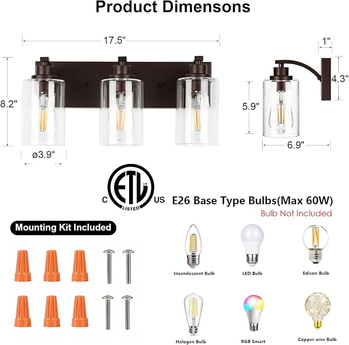 3-Light Bathroom Light Fixtures Modern ORB Vanity Lights - Image 2