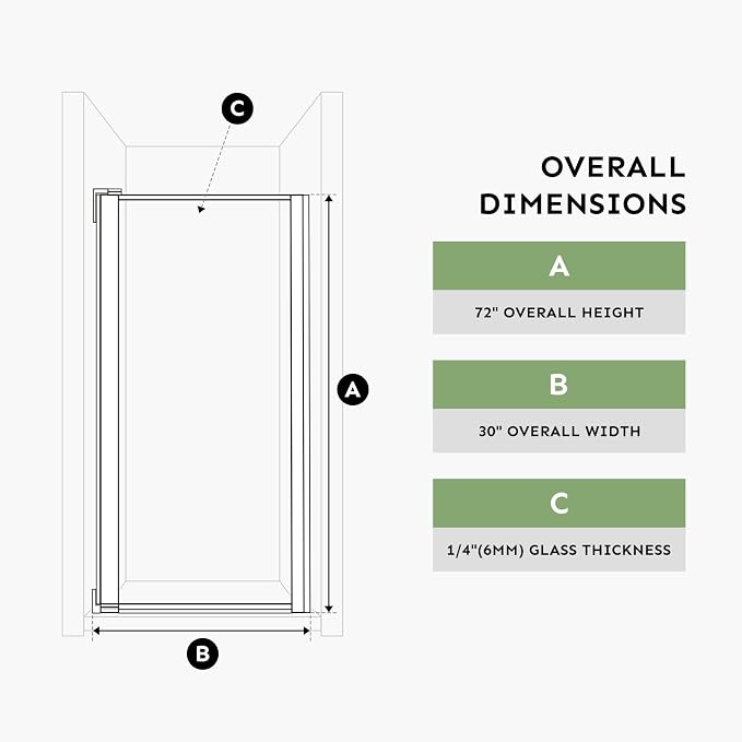30" Wx72 H Frameless Reversible Pivot Shower Door, 1/4" Clear SGCC Tempered - Image 7