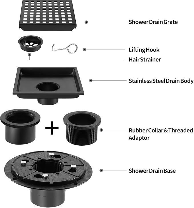 Shower Drain, Matte Black 6 inch Square Shower Floor Drain - Image 2