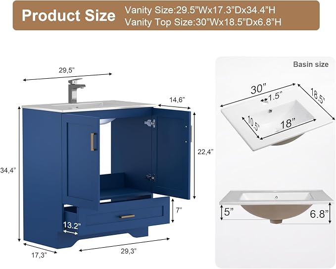 30 inch Bathroom Vanity with Sink, Modern White Vanity - Image 2