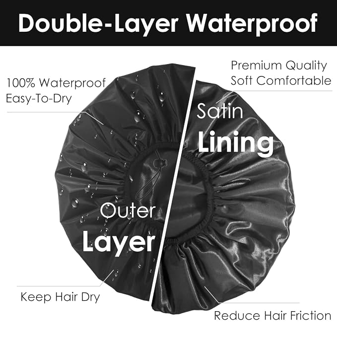 Auban Extra Large Shower Cap, Waterproof Reusable Hair Cap, XL Satin Lined - Image 3