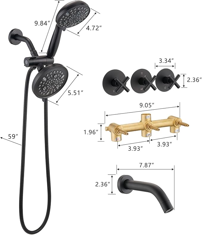 PROOX 3 Handle Tub Shower Faucet Set, Dual shower head Combo - Image 8