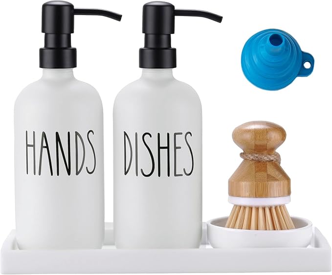 Glass Soap Dispenser for Kitchen, Farmhouse Dish Hand Soap Dispenser Set by Eggs+sound