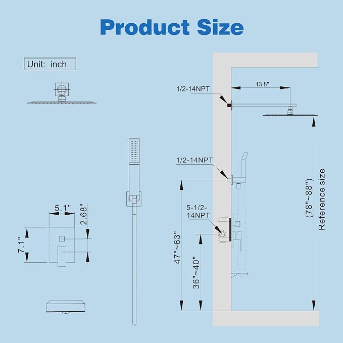 Shower System with Tub Spout, All Metal Tub Shower Faucet Set with 10'' Rain - Image 8
