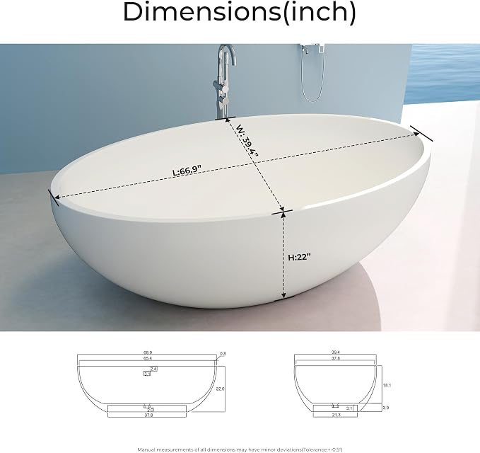 Upgraded 67" Stone Resin Freestanding Bathtub, Oval Solid Surface Extra Wide Tub - Image 5