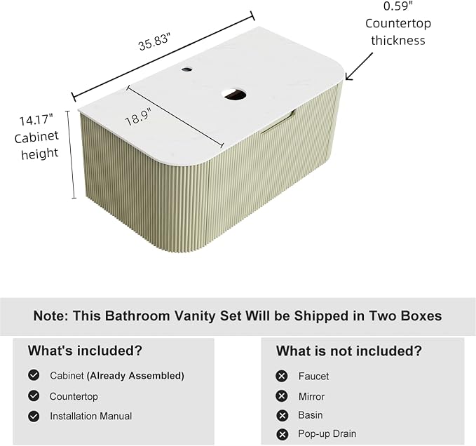 36" Floating Bathroom Vanity Without Sink, Marble Top, Solid Wood Surface and - Image 2
