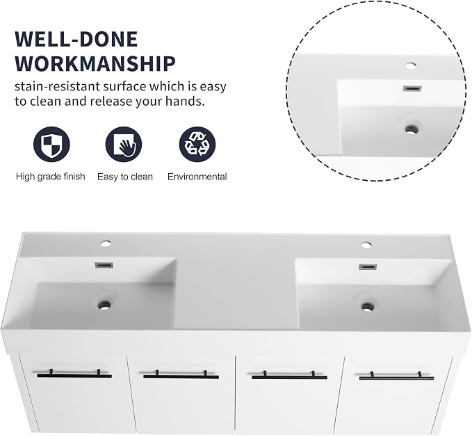60” Wall Mounted Bathroom Vanity, Bathroom Cabinet - Image 3