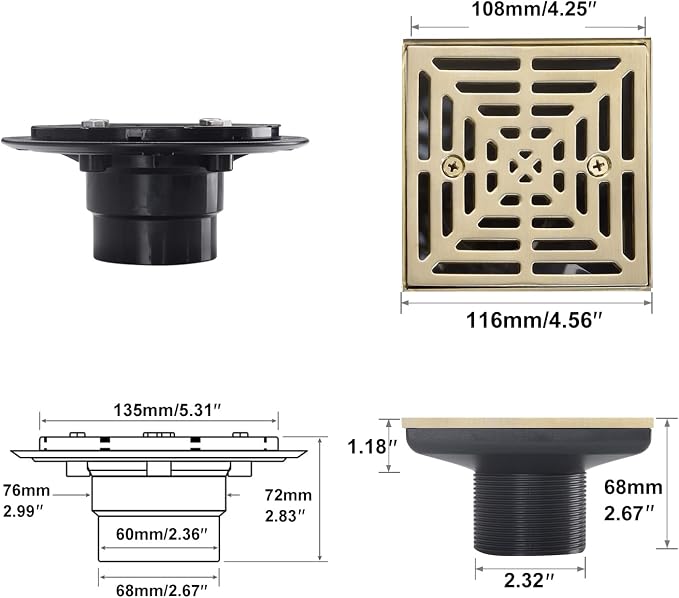 4-1/4 Inch Brushed Gold Shower Drain Square, Base - Image 4