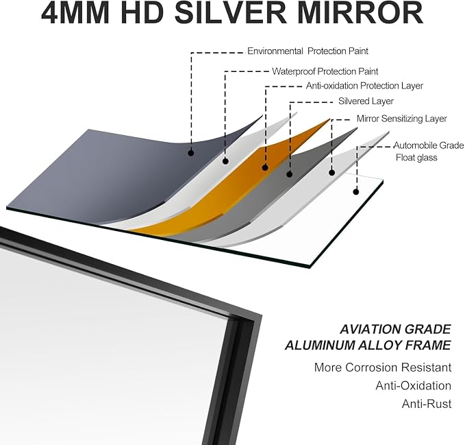 28x28 Inch Black Bathroom Mirror, Copper-Free Aluminum Alloy Frame Vanity Mirror - Image 7