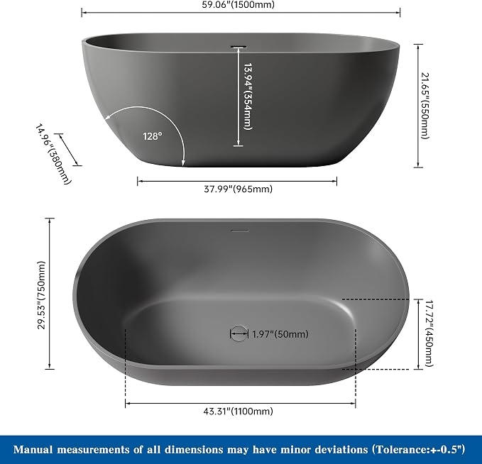 59" Premium Solid Surface Free Standing Bathtub, Oval Stone Resin Tub - Image 5