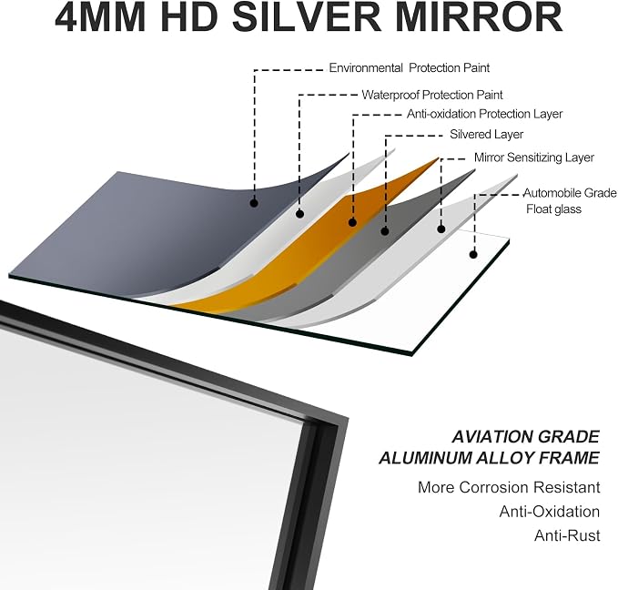 26x40 Inch Black Bathroom Mirror, Copper-Free Mirror, Aluminum Alloy Frame - Image 7