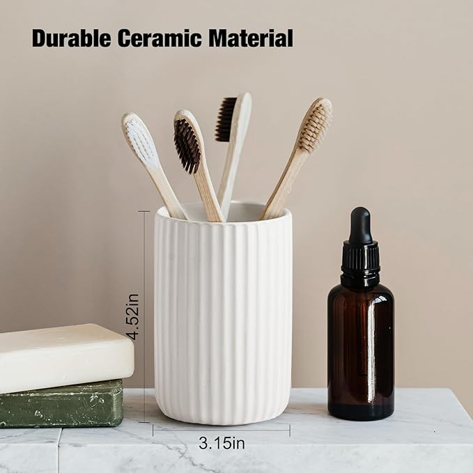 Toothbrush Holders for Bathrooms, Ceramic Tooth Brush Holder Set, Ribbed - Image 2