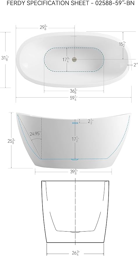 FerdY Naha 59" Acrylic Freestanding Bathtub, Curve Edge Freestanding Soaking - Image 4