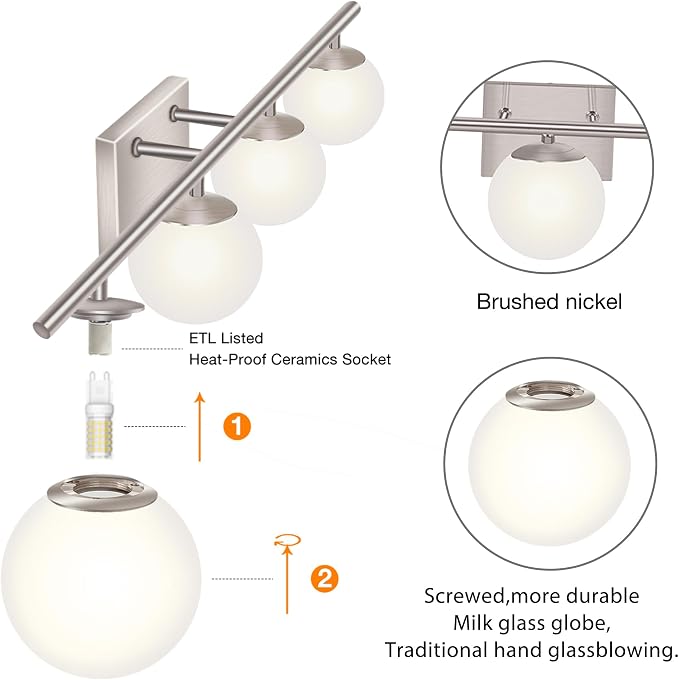 New Bathroom Vanity Light Fixtures 4 Lights Brushed Nickel Glass Shade Modern - Image 3