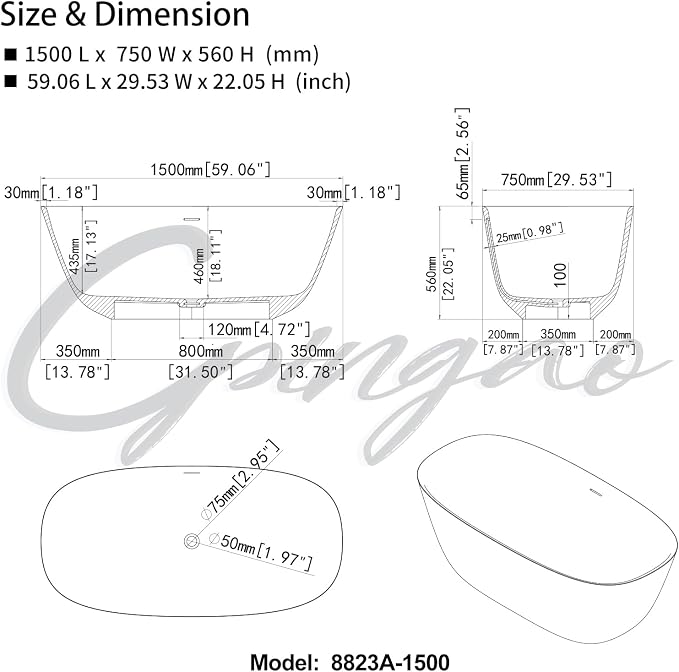 Cpingao 59" Solid Surface Freestanding Bathtub, Stone Resin Soaking Tubs - Image 5