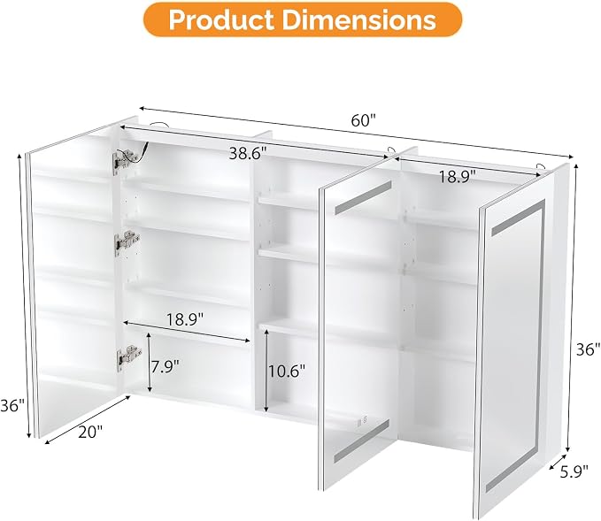 VINGLI 60 x 36 Inch Extra Large Lighted Bathroom Medicine Cabinet - Image 2