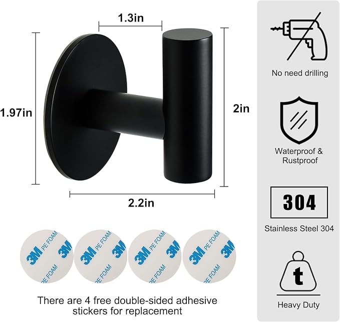Self Adhesive Towel Hook Matte Black Coat Hook Brushed Nickel SUS304 Stainless - Image 2