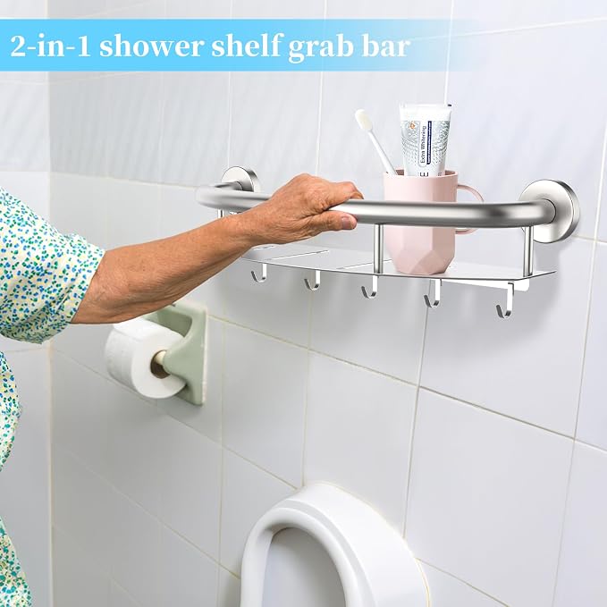 Satin Brushed Nickel Shower Grab Bar w/Storage Shelf 18 Inch, Zepolu Stainless - Image 3
