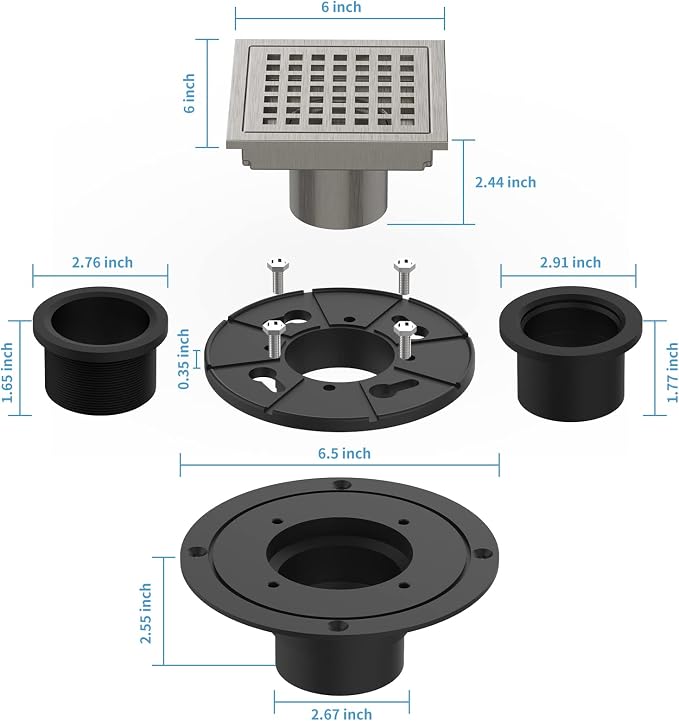4 Inch Square Shower Floor Drain, Brushed Nickel High Flow Shower Drain Kit - Image 5