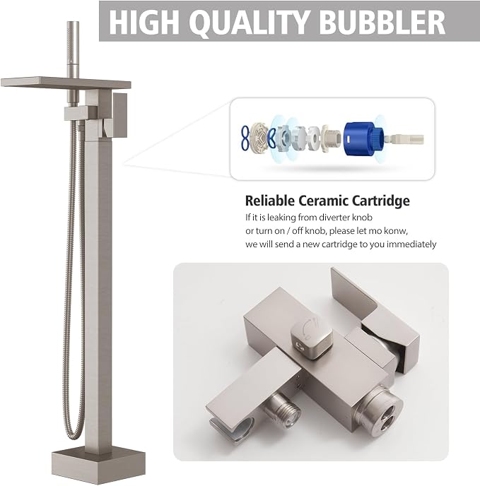Hoimpro Floor Mount Bathtub Faucet Freestanding Waterfall Tub Filler, Brushed - Image 6