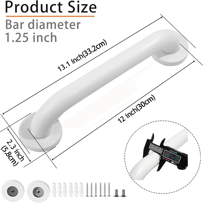 Shower Grab Bar, 2 Pack 12 Inch White Bathroom Grab Bar, 1.25" Diameter 304 - Image 2