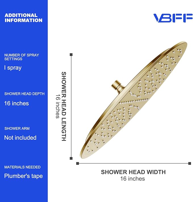 VBFF-Shower Head, rain shower head, 16 inch- Round Shower Head, 1.8 GPM Flow - Image 6