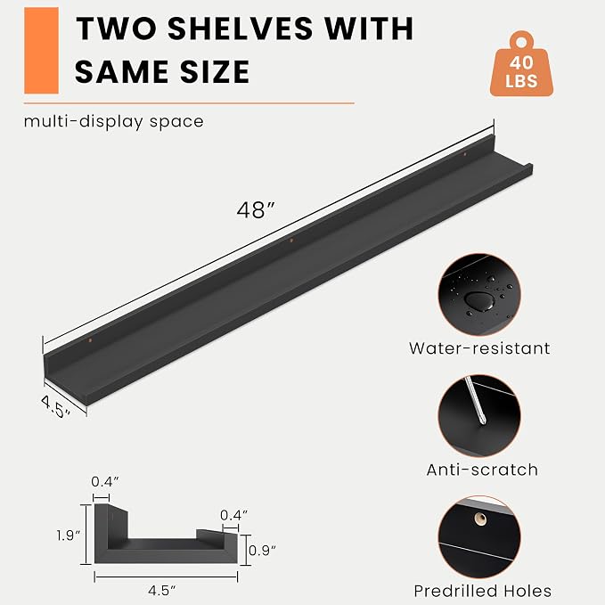 Heimlove Picture Ledge Shelf, Floating Shelves Set of 2, 48 Inches Picture Shelf - Image 3