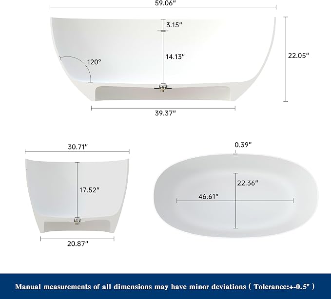 59'' Stone Resin Freestanding Bathtub, Bathroom Solid Surface Tub Bathtubs - Image 4