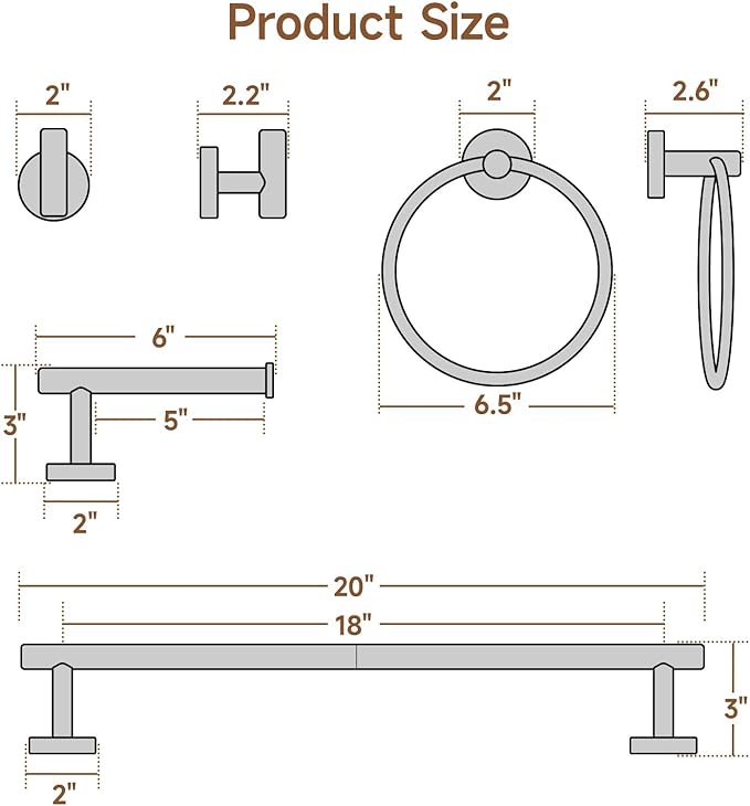 USHOWER Matte Black Bathroom Hardware Set, Modern 18-Inch Towel Bar Set Wall - Image 7