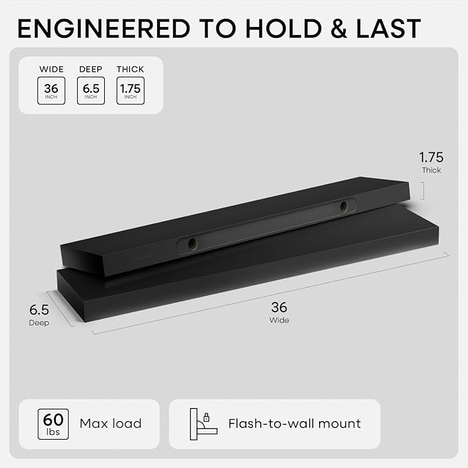 Homeforia Black Floating Shelves 36 inches Long, High End Solid Real Wood 36 - Image 3