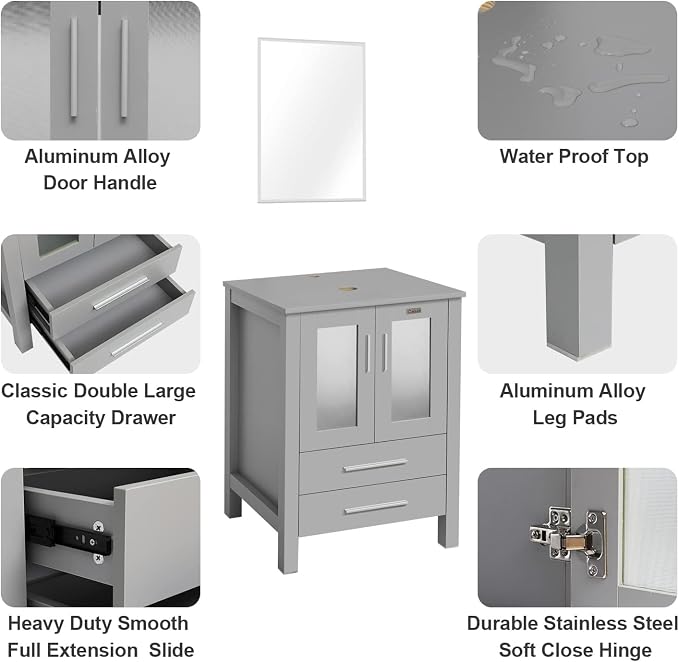 eclife 24" Modern Bathroom Vanity Sink Combo Freestanding Cabinet - Image 5