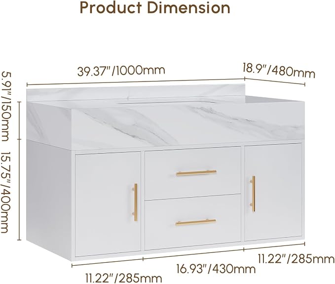 Bathroom Vanity with Sink 39" Floating Bathroom Vanity Sintered Stone Modern - Image 6