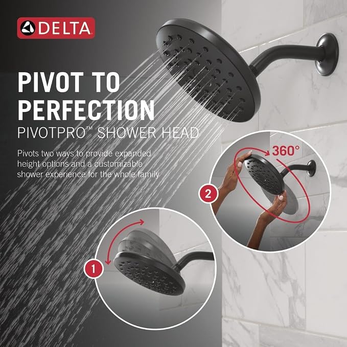 Delta PivotPro Matte Black Rain Showerhead, Single Setting 7 Inch Round Shower - Image 2
