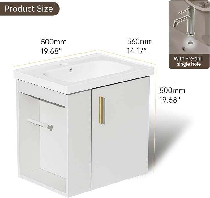 phiestina Pre-Assembled 20 Inch White Floating Small Bathroom Vanity, Wall - Image 3