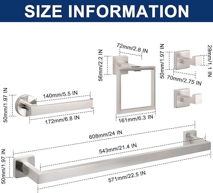 NearMoon 5 Pieces Bathroom Hardware Set 304 Stainless Steel, Square Towel Rack - Image 2