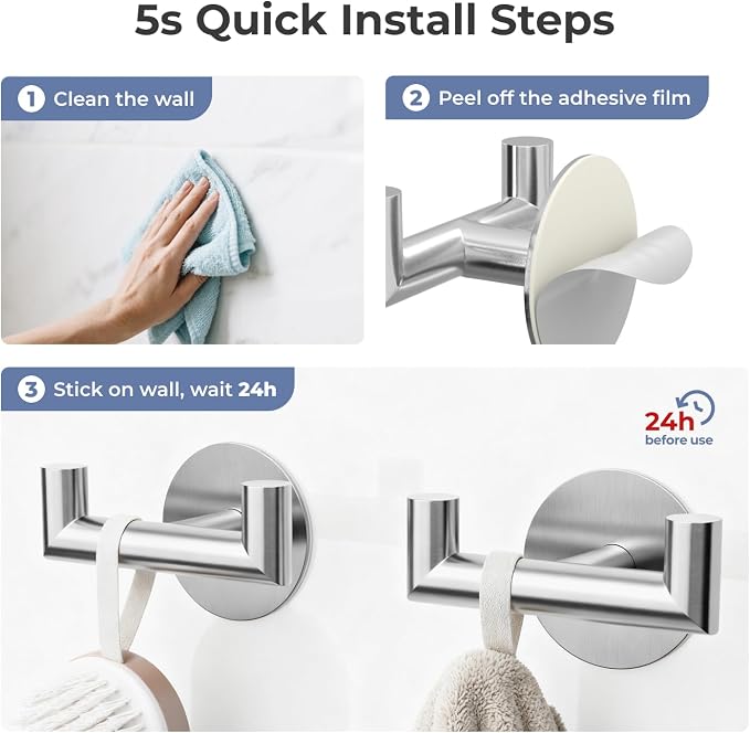 2 Pack Brushed Nickel Bathroom Hooks - Image 6
