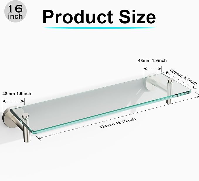 Glass Shelves for Bathroom, 16-Inch Brushed Nickel Floating Bathroom Shelf - Image 3