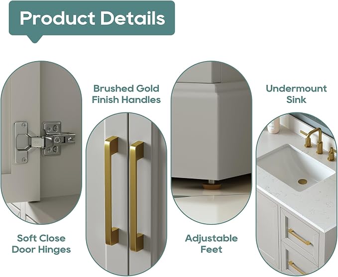 42 Inch Bathroom Vanity with Sink Combo, Solid Wood Frame with Marble Top - Image 6