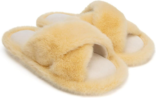 Chantomoo Womens Slippers Memory Foam Fuzzy Cross Band Faux Fur Slippers by Chantomoo