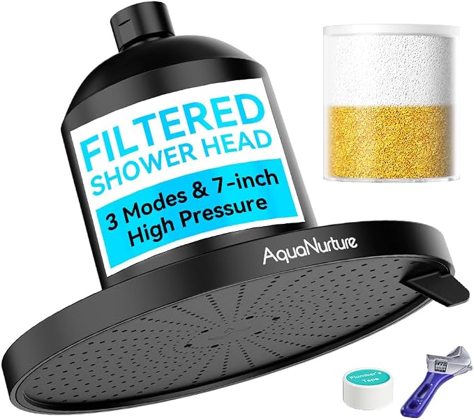 Filtered Shower Head with Filter System, High Pressure 3 Modes 7" Filter by AquaNurture