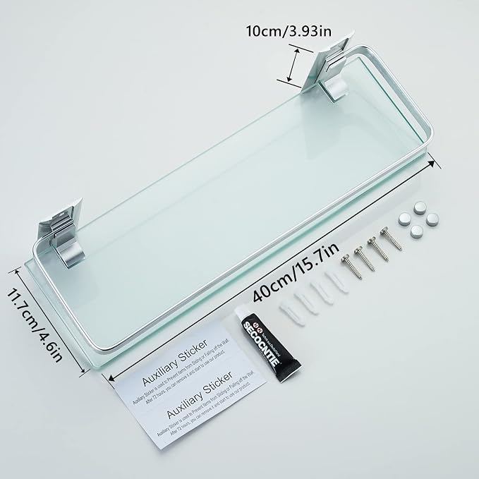 AIJALY 2 Pack Bathroom Glass Shelf, 15.7 Inches Silver Bathroom Shower Glass - Image 3