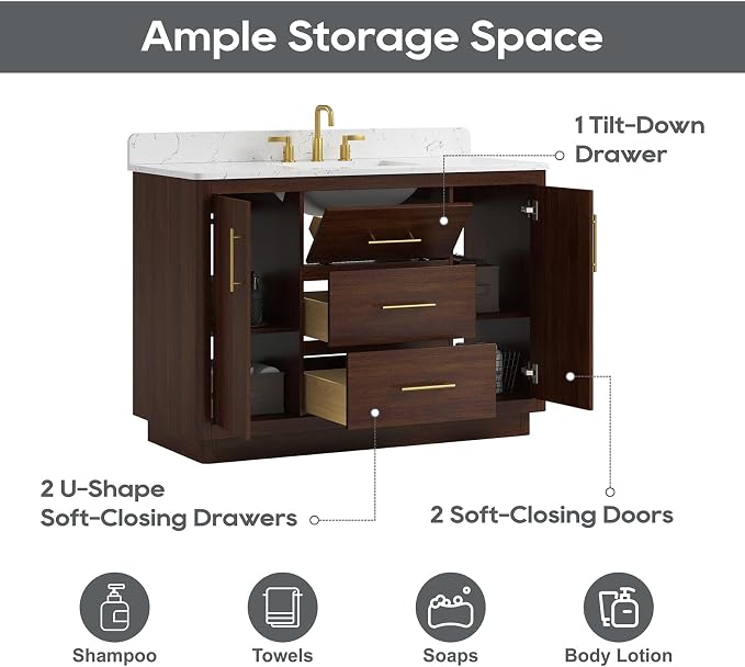 48 Inch Bathroom Vanity with Sink, Solid Wood Frame with Engineered Marble - Image 6