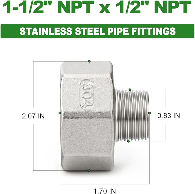 TAISHER 2PCS 304 Stainless Steel Pipe Fitting, 1/2" NPT Male x 1-1/2" NPT Female - Image 2