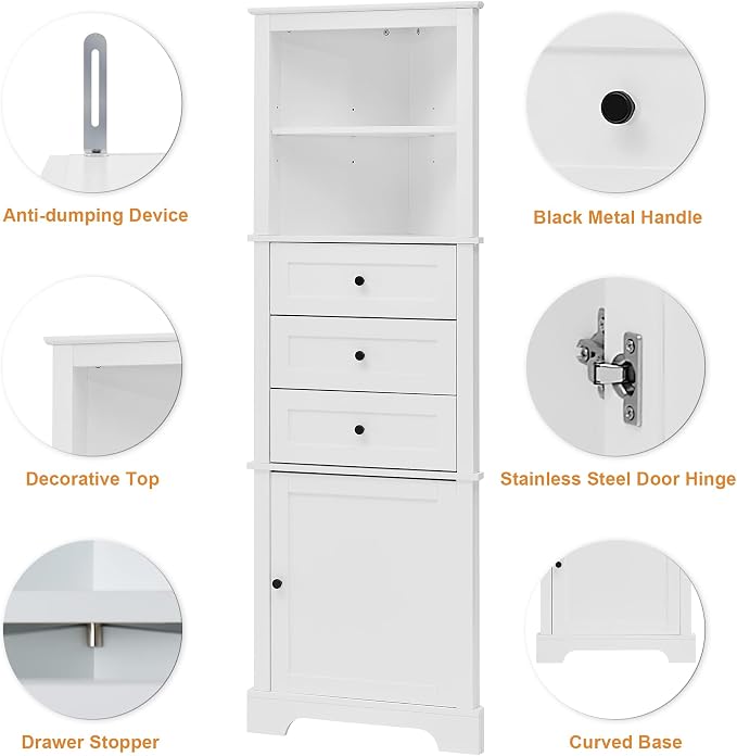 69" H Tall Corner Cabinet with Adjustable Shelves and Drawers, Storage - Image 7