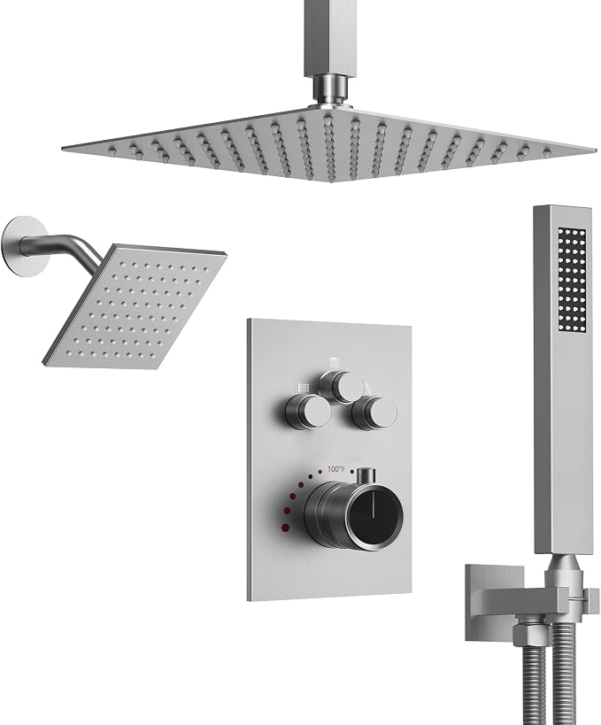 Ceiling Mount 12" High-Pressure Rainfall Shower Faucet, Dual Rainfall Shower by EVERSTEIN